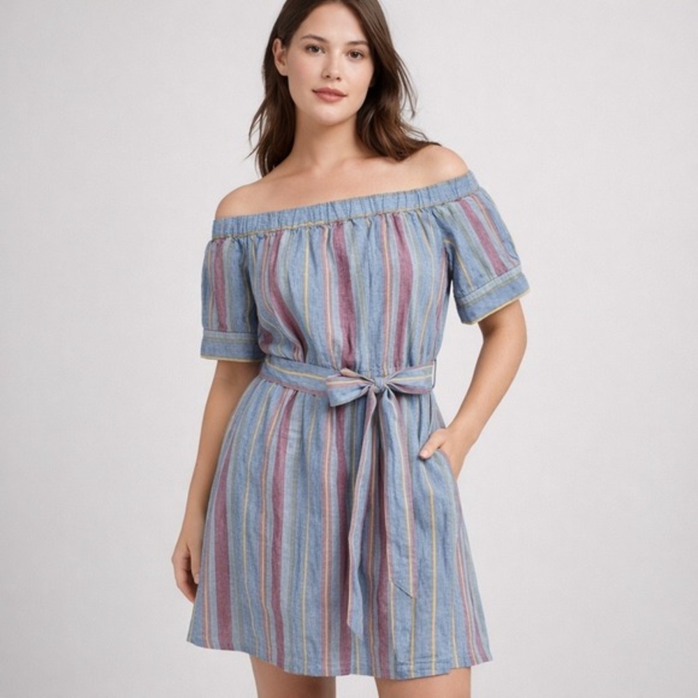 FRAME Womens Linen Dress XS Blue Striped Off Shoulder Belted Coastal Summer